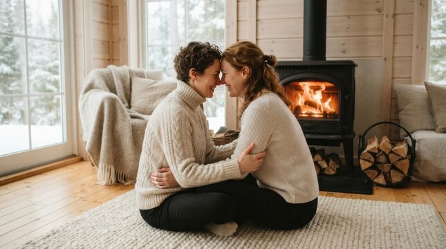 Cozy Couple by Fireplace: A heartwarming moment captured as a couple shares an intimate embrace by a warm, crackling fireplace, surrounded by the cozy ambiance of a rustic cabin.