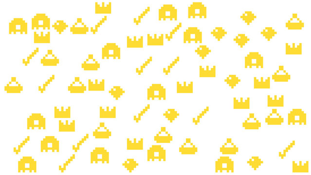 Retro Video Game Pixel Art Pattern with Yellow Icons on White Background