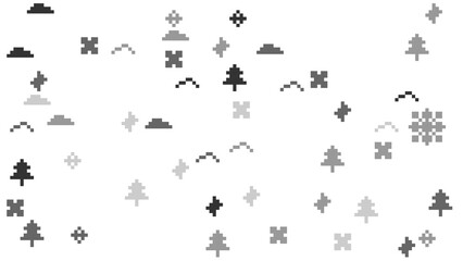 Fototapeta premium Retro Pixel Art Winter Forest Elements on White Background with Christmas Trees and Stars