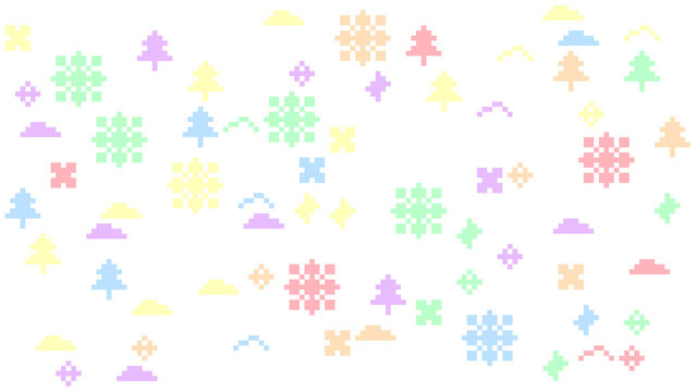 Pastel pixel art winter elements with snowflakes and Christmas trees on white background