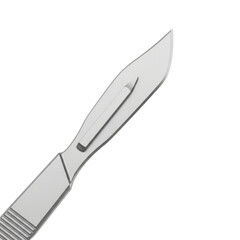 Obraz premium Close-up of a surgical blade with a sharp edge and textured handle against a clean white background