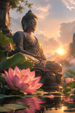 Buddha Statue with Lotus Flower &ndash; Buddhist Spirituality, Meditation and Inner Peace