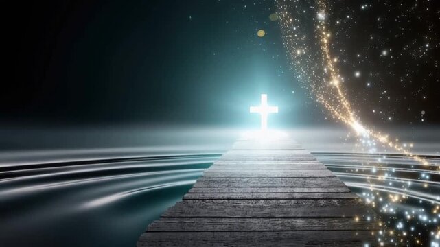 A luminous cross, a symbol of faith and hope, shines brightly at the end of a stone pathway stretching towards a glowing celestial body. ..Created with Generative AI, not depicting real subjects.