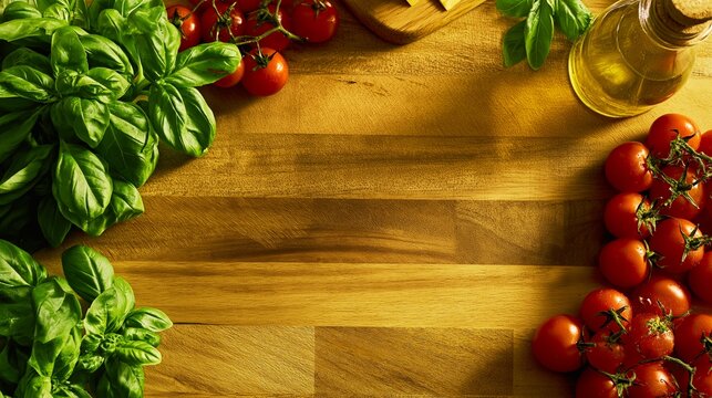 Fresh cherry tomatoes, basil, and olive oil arranged on a wood-grain cutting board (background素材 with space for copy)