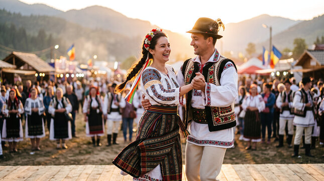 Happy Romanian couple dancing Ca la Breaza folk dance at outdoor festival