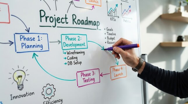 Business professional writing project roadmap steps on whiteboard using colorful markers to illustrate development phases for a corporate strategy meeting