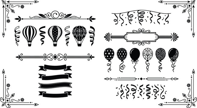 Elegant vintage decorative borders with balloons and hot air balloons design elements