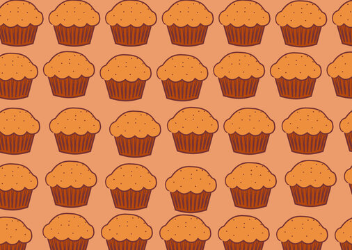 Seamless pattern of freshly baked golden brown muffins on a warm peach background, perfect for bakery packaging, food vector wallpaper, cafe menus, and culinary textile design