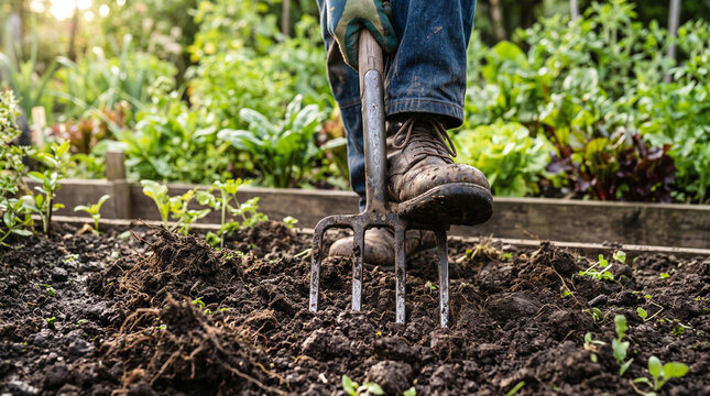 Gardener pressing a garden fork into rich soil preparing raised vegetable bed