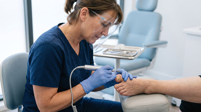 Female podiatrist drilling and treating fungal toenail in modern medical clinic
