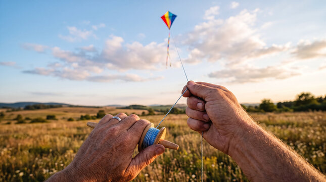 Close-up of hands holding spool line while flying a colorful kite at sunset