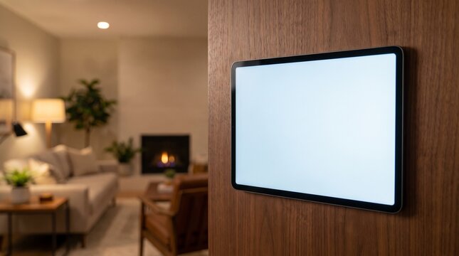 Blank tablet screen mounted on wooden wall smart home automation