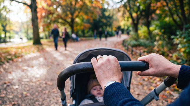 Parent pushing a baby stroller along a scenic path in a sunny autumn park
