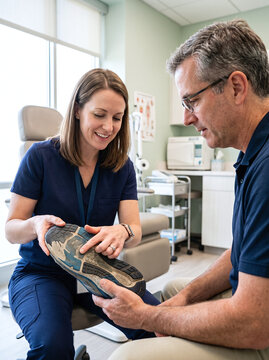 Podiatrist examining worn running shoe sole with patient in the clinic