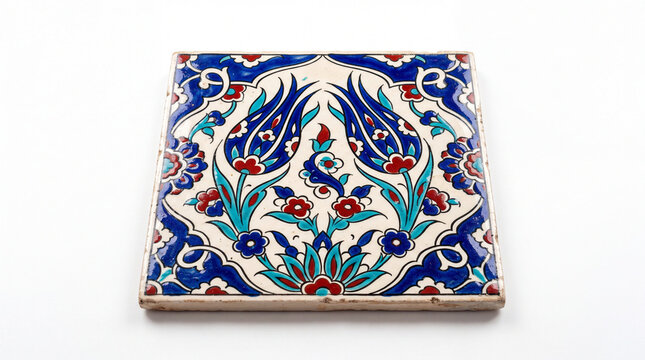 Traditional Turkish Ceramic Tile Featuring Ornate Floral Tulip Pattern.
