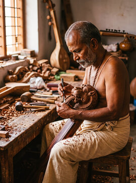 Traditional Indian artisan hand carving a wooden Thanjavur veena in workshop