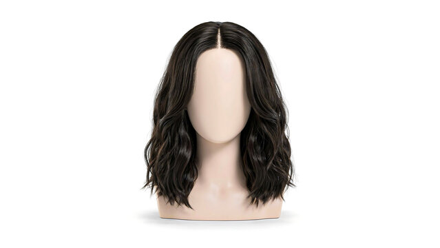 Long black wavy hair wig on mannequin head isolated on white background