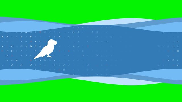 Animation of blue banner waves movement with white parrot symbol on the left. On the background there are small white shapes. Seamless looped 4k animation on chroma key background