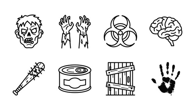 Zombie Apocalypse Survival Icons: A collection of black and white vector icons representing elements of a zombie apocalypse, including a zombie head, severed hands, biohazard symbol, brain.