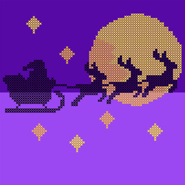 Cross-stitch embroidery design Christmas silhouette and reindeers against a large, yellow cross-stitch full moon on two tones purple background. Includes pixelated cross-stitch stars. Holiday vector 
