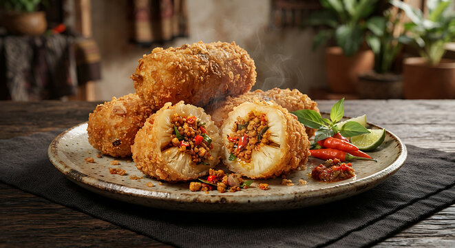 Traditional Indonesian Deep-Fried Cassava Roll Stuffed with Spicy Minced Meat and Chili on Ceramic Plate