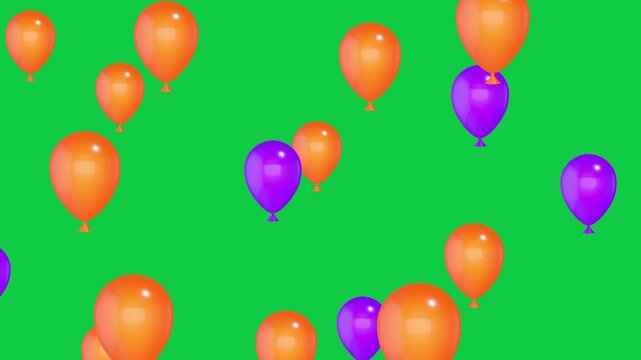 Halloween Orange and Purple Balloons Fly on Green Screen animation,Chroma Key Birthday Party Celebration and Sale Videos Motion design element