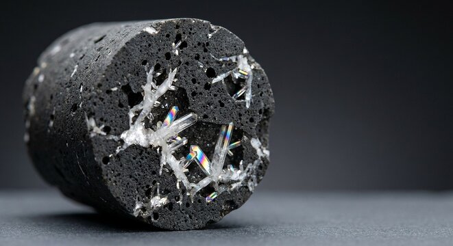 Mineralized carbon core sample with crystalline structures