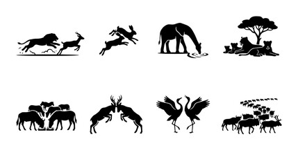 Fototapeta premium African Wildlife Silhouette Icons, Safari Animal Vector Graphics, Nature Scene Illustrations, Majestic Fauna Collection