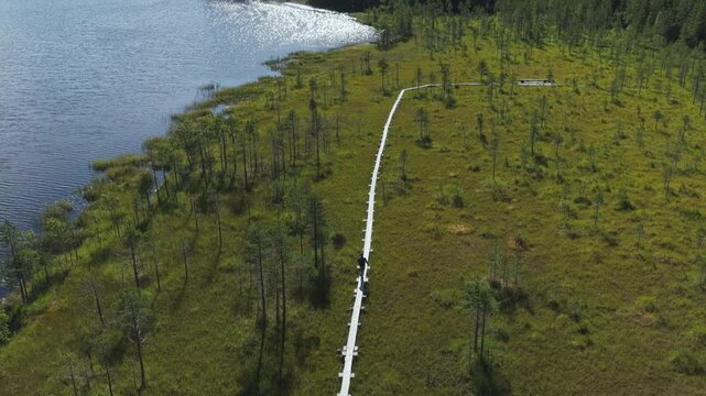 Aerial rising tilt shot of a man walking on duckboards in Koli National Park