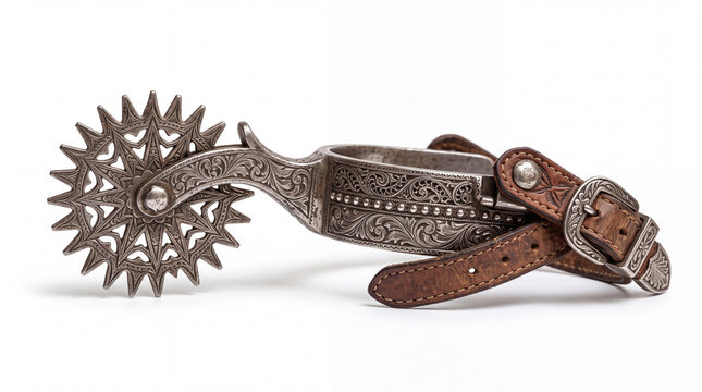 Vintage ornate metal horse riding spur with brown leather strap.