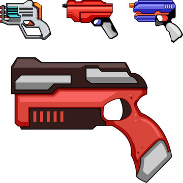 Cartoon style toy blasters in bright colors illustrating playful action and recreational shooting games, ideal for children's entertainment and childhood themes