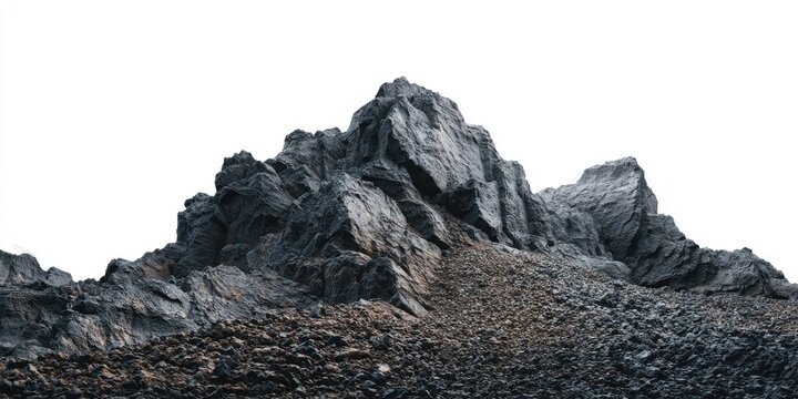Rugged mountain peak isolated on white background depicting natural formations and textures