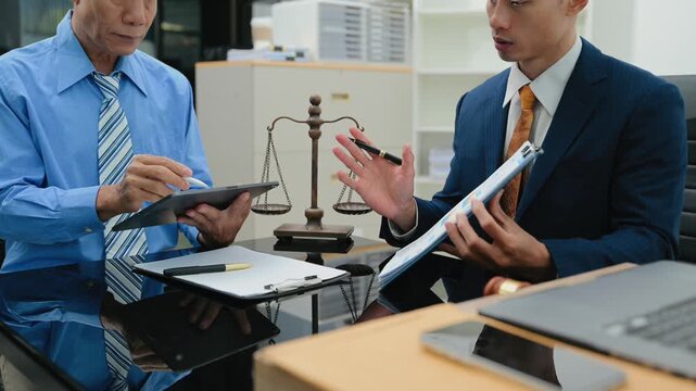 business people and lawyers discussing contract papers sitting at the table. Concepts of law, advice, legal services.