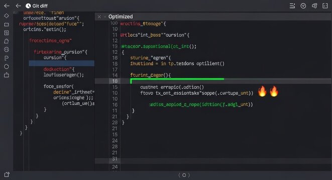 Computer screen showing git diff code comparison in dark mode IDE interface