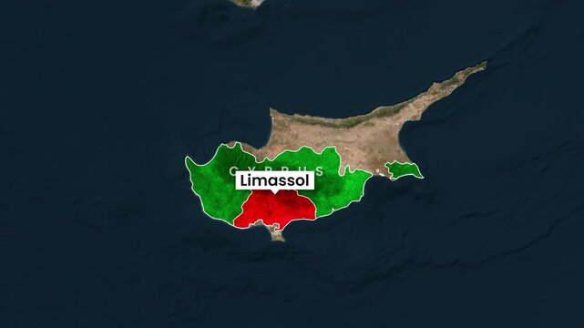 Animated map clip highlighting Limassol district on Cyprus island