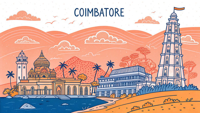 Coimbatore Skyline Hand Drawn Vector Illustration with Iconic Landmarks, Temples, Architecture and Tamil Culture