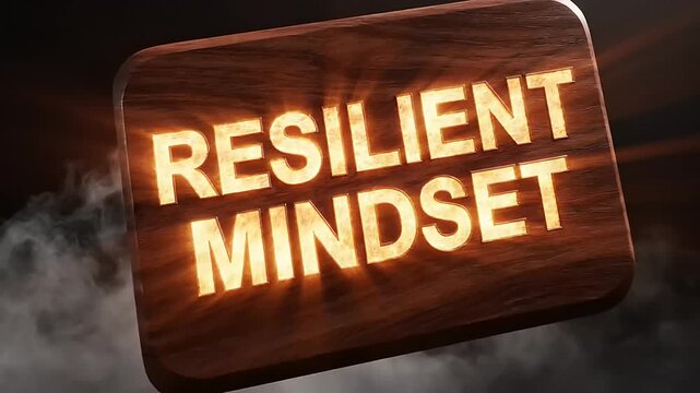 Wooden block with glowing RESILIENT MINDSET text in a dark setting