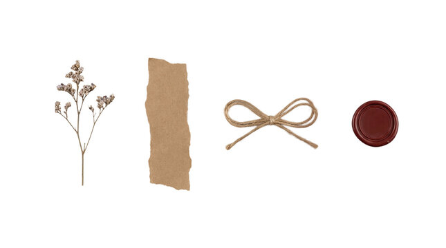 Collection of rustic elements including dried flowers, torn kraft paper, a twine bow, and a red wax seal on a gray background.