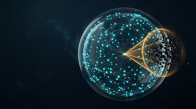 Close-up of a digital globe with a golden triangular shape and glowing particles in a dark background