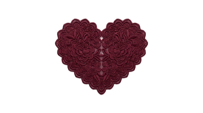Maroon heart shaped embroidered patch featuring intricate floral lace patterns on a neutral grey background.