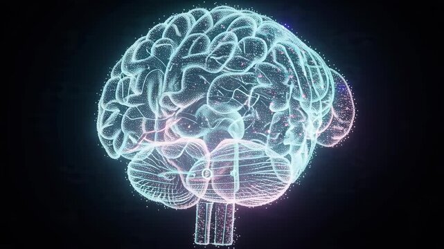 Glowing digital brain wireframe rotating in cyberspace representing machine learning