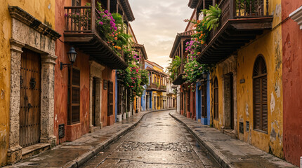 Fototapeta premium Colonial street with colorful balconies after rain