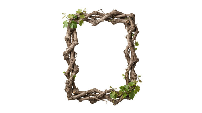 Rustic rectangular frame made of twisted brown vines and small green leaves is isolated on a plain light gray background.