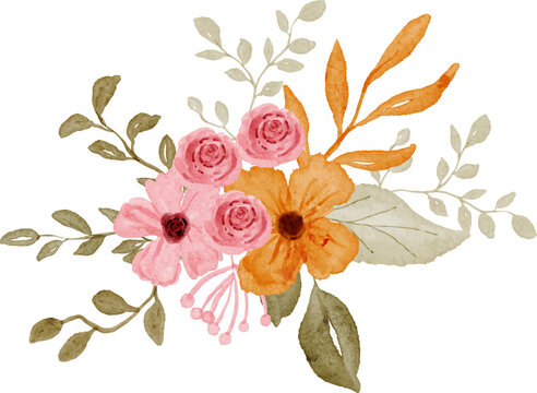 Watercolor floral arrangement with pink and orange flowers