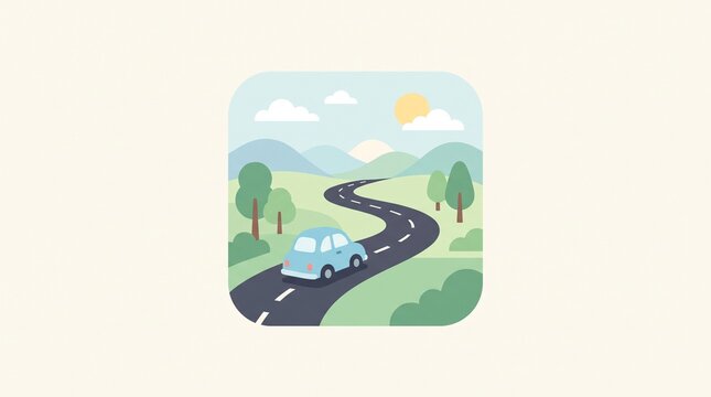 Flat Car Driving on Winding Road Icon on Pastel Background, Minimal Road Travel Symbol Representing Journey, Adventure, Transportation and Scenic Vacation Routes