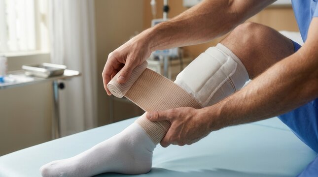Medical professional wraps patient's leg with elastic bandage for support and healing in a clinical setting.