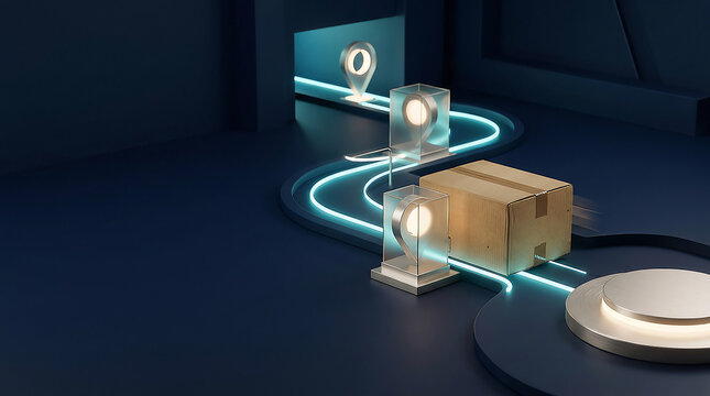 Close-up of a robotic vacuum cleaner navigating around a cardboard box on a dark floor with blue ambient lighting