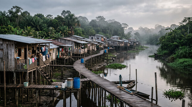 Riverside stilt houses in tropical settlement