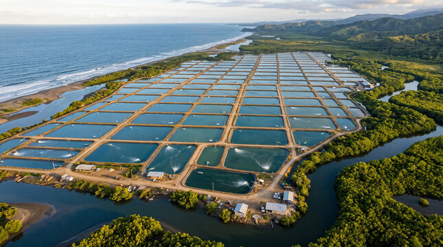 Aerial view of shrimp aquaculture farm