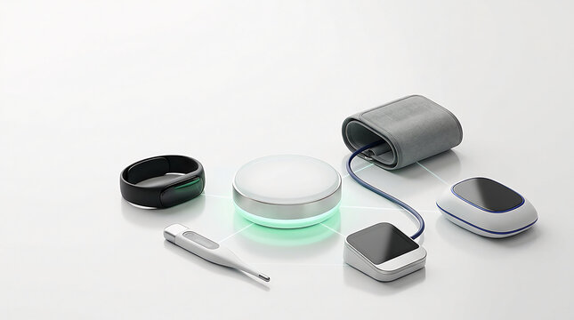 Medical or fitness tracker and smart devices on a white background with copy space